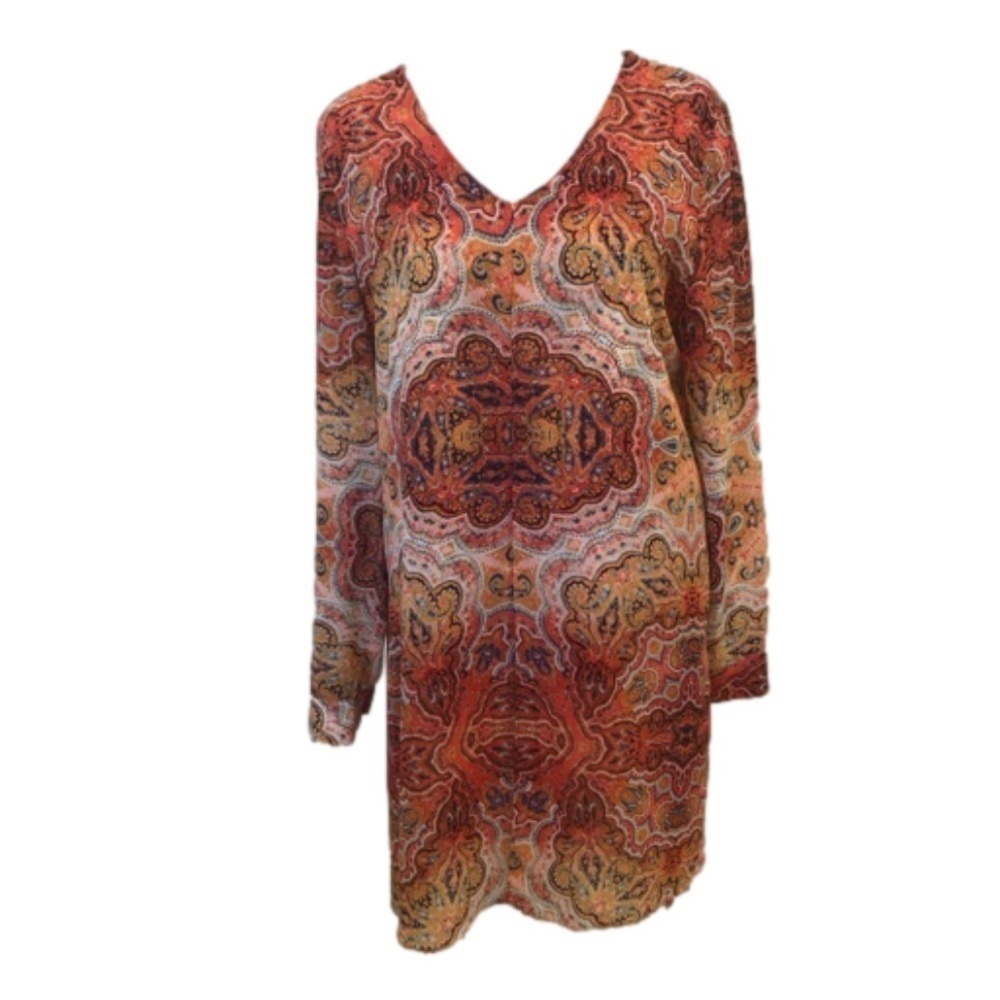 Chico’s Size 1 sheer split front layered top roll tab sleeves hi-lo v-neck